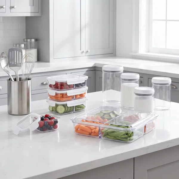 Recipientes transparentes con divisiones y frascos de vidrio en una cocina blanca