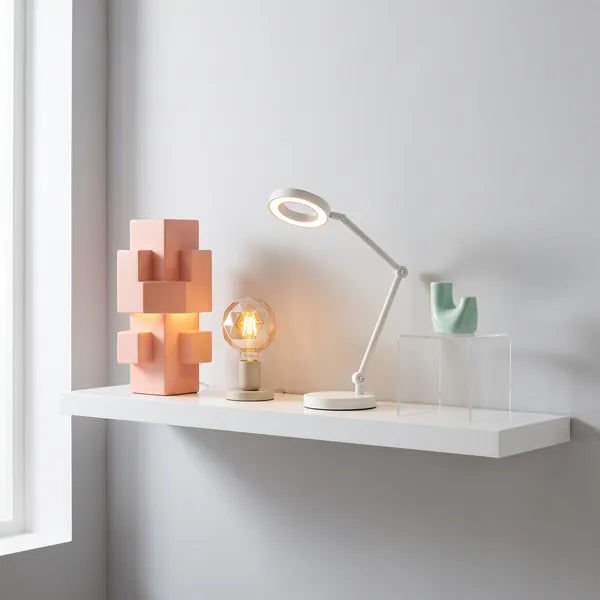 Lámparas decorativas modernas y accesorios en un estante blanco
