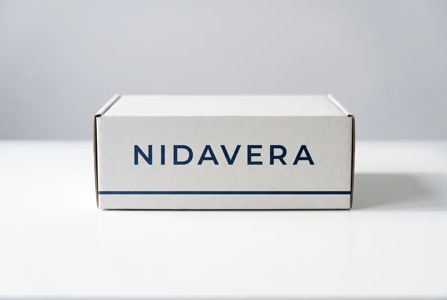 Caja de envío de Nidavera sobre una superficie blanca